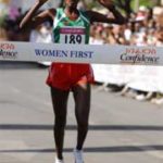 The winner of Ethiopia's "WOMAN FIRST" race crosses the finish line. The winner of Ethiopia's "WOMAN FIRST" race crosses the finish line.